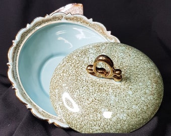 Ceramic storage box, gold and turquoise ,vintage ,heketa , dutch design