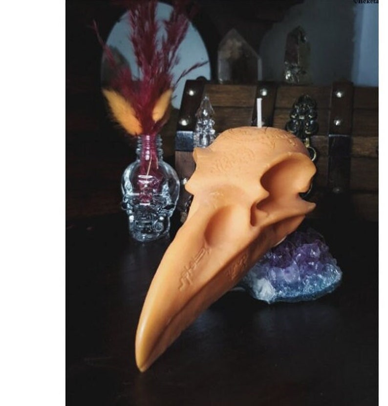 Raven Skull candle unscented Orange, Gothic decor, Heketa, image 1