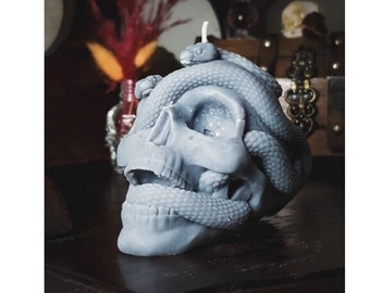 Human Skull  & Snakes candle - unscented - Gray , Ritual candle, Gothic decor, Heketa, Pastel goth, luxury gothic decor