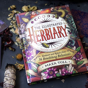 Caja de colección The Illustrated Herbiary: guía y rituales, libro de tapa dura, 36 cartas de oráculo de lujo, bolsa morada