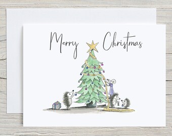 Woodland Animal Christmas Card, Christmas Tree Decorating, available in English and French