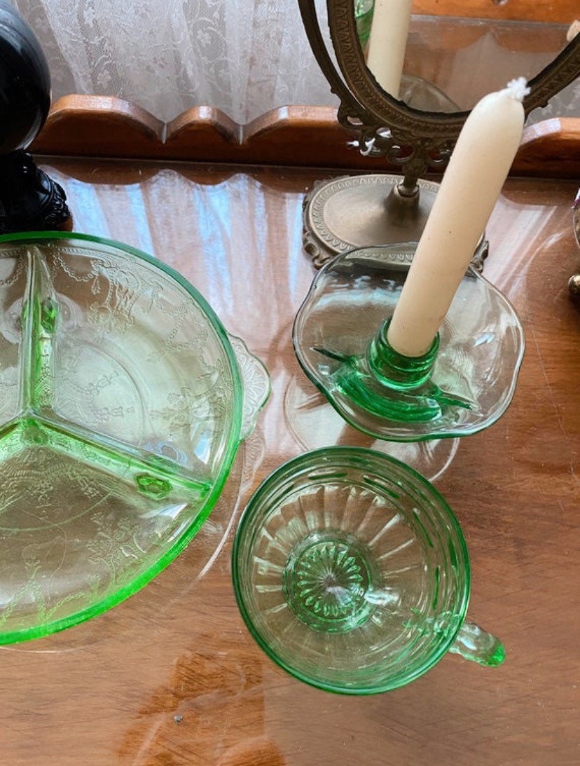Vintage Green Depression Glass Floral Etched Tray Tea Cup Etsy