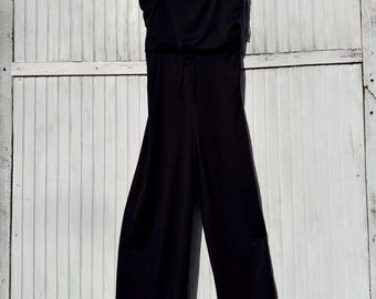 Vintage 70s Black Wide Leg Jumpsuit - Shoulder Tie, Union Made