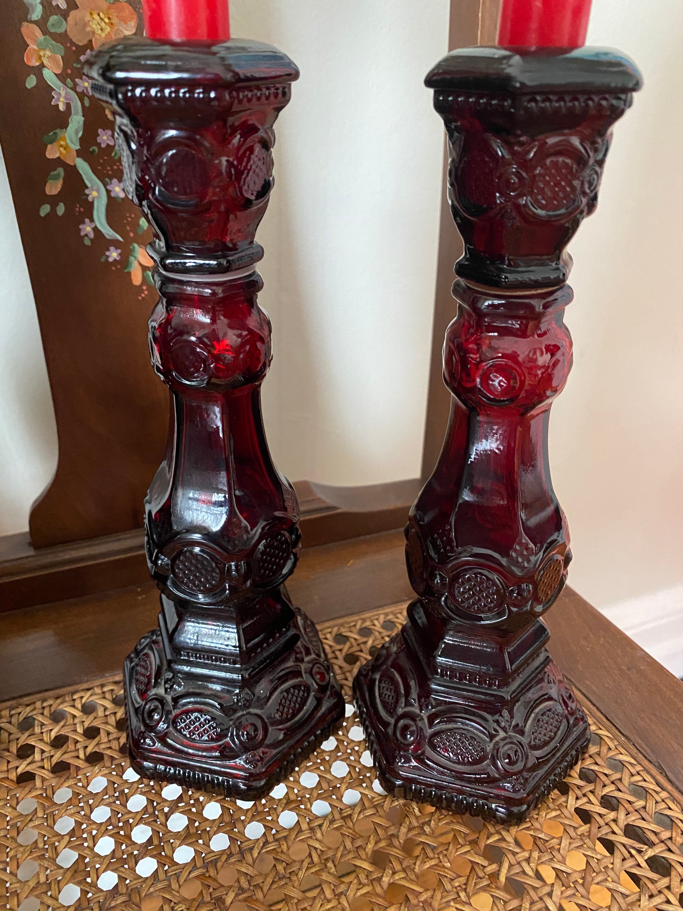 Vintage Avon Ruby Red Cape Cod Red Glass Tall Candlesticks Etsy