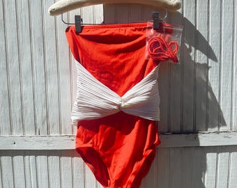 Vintage Bill Blass Red and White Colorblock Strapless or Halter Strap One Piece Bathing Suit Size Medium Large 14