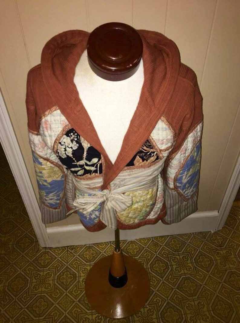 RARE Vintage 80/'s Oriental Patchwork Hooded Bell Sleeve Orange Cardigan Sweater Jacket