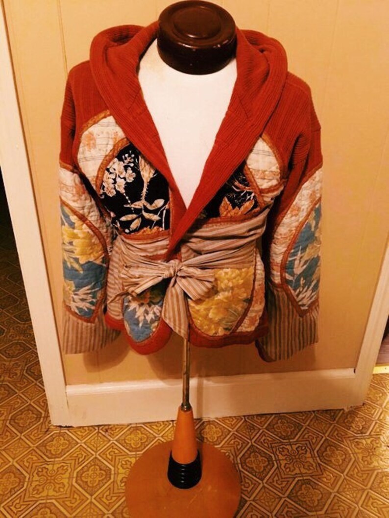 RARE Vintage 80/'s Oriental Patchwork Hooded Bell Sleeve Orange Cardigan Sweater Jacket