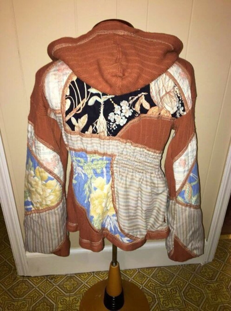 RARE Vintage 80/'s Oriental Patchwork Hooded Bell Sleeve Orange Cardigan Sweater Jacket
