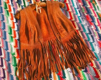 Vintage Bagatelle Brown Leather Suede Fringe Vest Size Small