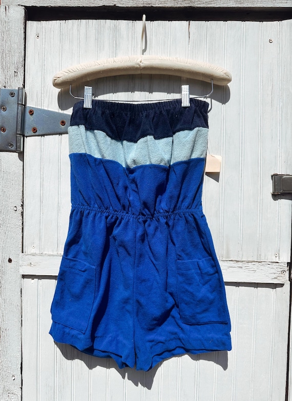 Vintage 90s Deadstock New With Tags Terry Cloth Color Block Blue Romper Size Medium