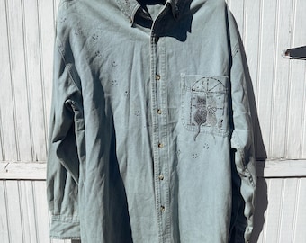 Vintage 90s Bedazzled Cat Denim Shirt - Christine Alexander, Large/XLarge
