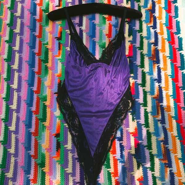 Vintage 80s Purple Black Lace Trim Teddy Bodysuit Lingerie Medium