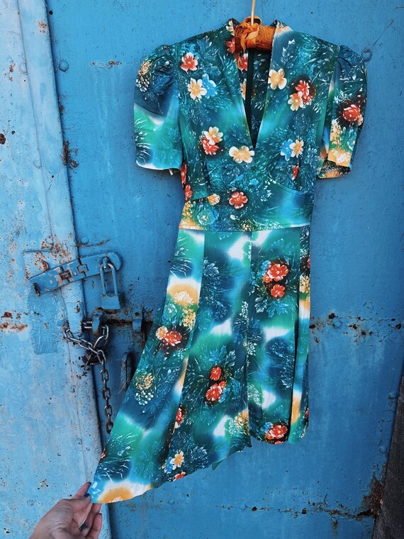 Vintage 70s Floral Mini Dress, Teal Orange POLYESTER, Size XS/Small