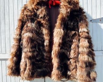 Vintage Raccoon Fur Mixed Brown Coat Jacket Size Medium Large