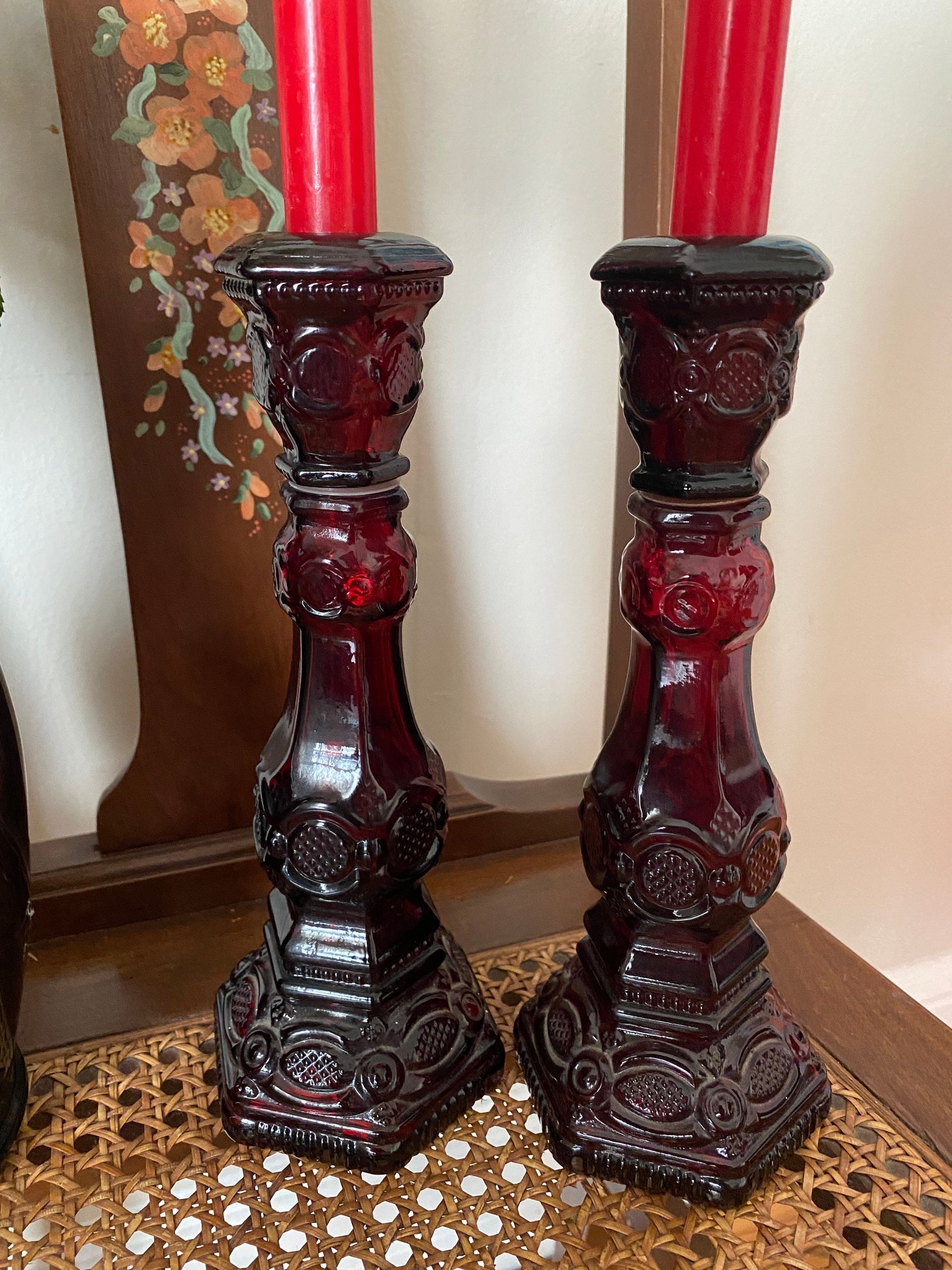 Vintage Avon Ruby Red Cape Cod Red Glass Tall Candlesticks Etsy