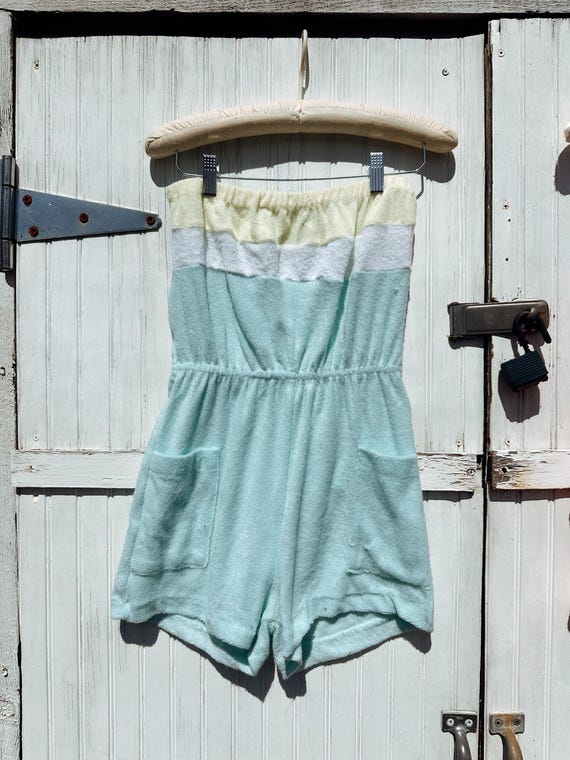Vintage 90s Deadstock New With Tags Terry Cloth Color Block Pastel Romper Size Medium