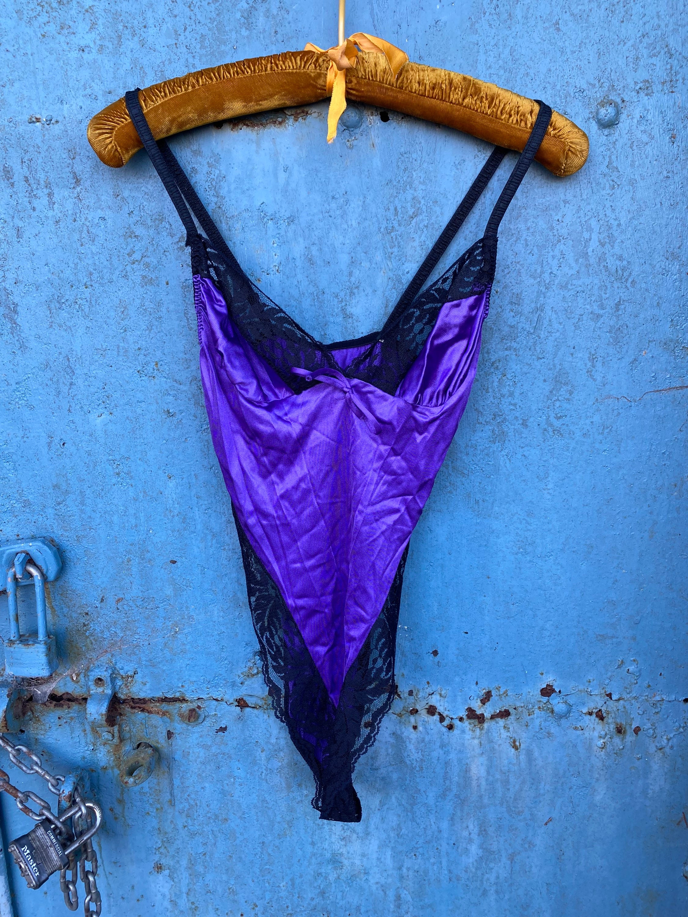 Vintage 80s Undercover Wear Lingerie Loungewear Purple Black Lace Silky