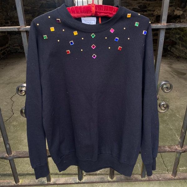 Vintage 80’s 90’s Players Sport USA Made Colorful Jeweled Bedazzled Black Pullover Sweater Size Large