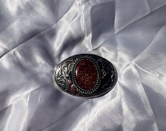 Hebilla de cinturón vintage de plata plateada con jaspe naranja y piedra solar