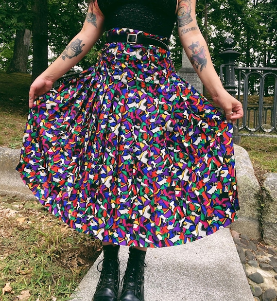 Vintage 80s Chaus Black Multicolor Patterned Circle Skirt Size Xsmall Small Etsy