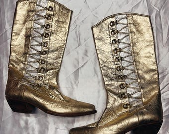 Vintage 80s Metallic Gold Cowgirl Cowboy Western Boots Made in Italy Size 5 5.5