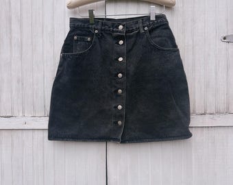 Vintage London Jean Black Denim Button Up Mini Skirt 28