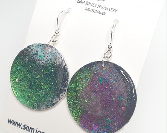 Disc polymer clay shimmer earrings with sterling silver and resin.
