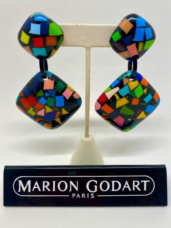 Large Square Clip-On Dangle Confetti Earrings in C