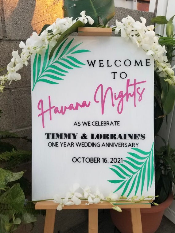 Tropical Acrylic Welcome Sign Wedding Signage Palm Leaves Custom Wedding  Sign Modern Havana Nights Luau Party Tropical Theme 