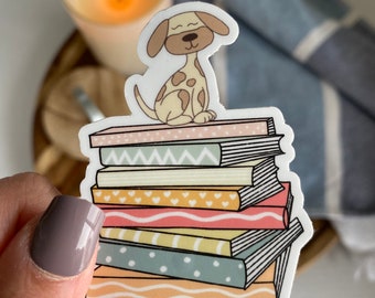 Dog on Books Sticker | Book Lover Gift, Waterproof Laptop Decal