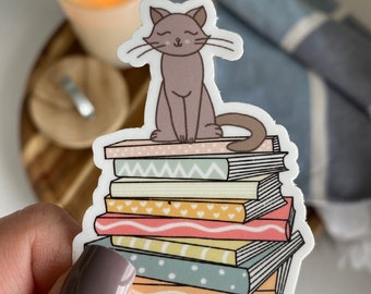 Sticker kat op boeken | Waterdichte schoolse laptopsticker