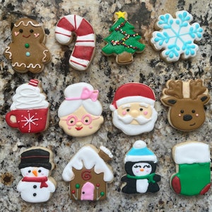 Op de afbeelding: Een verzameling van 12 kerst-thema suikerkoekjes versierd met verschillende ontwerpen, waaronder een peperkoekman, een snoepstok, een kerstboom, een sneeuwvlok, een kopje warme chocolademelk, een oma, de kerstman, een rendier, een sneeuwpop, een peperkoekhuis, een pinguïn en een sok.
