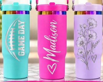Personalized Laser Engraved Stainless Steel Water Bottle, Custom Name Sports Design (Flip Top)