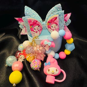 My Melody Straw Topper Stanley cup charms Accessories gift set for her Birthday gift for kids Fun Gifts for Women Silicone Bead Bag Tags