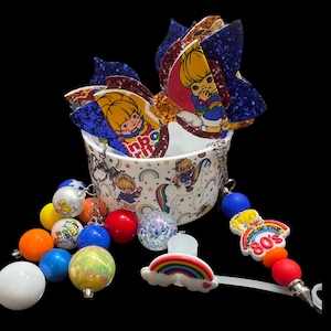 Rainbow Brite Straw Topper Stanley cup charms Accessories gift set for her Birthday gift for kids Fun Gifts for Women Silicone Bead Bag Tags