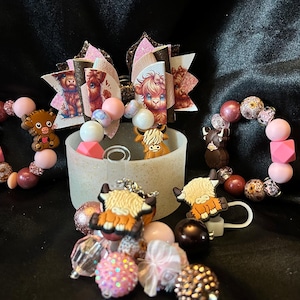 Highland Cow Straw Topper Set: Pink Bow & Charm - Stanley Cup Accessory