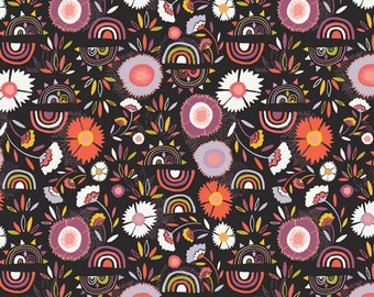 Devine Pacha, 1/2yd Art Gallery Knit, 4-Wege-Stretch, AGF, Jersey Knit, Blumenmuster, Retro Floral & Regenbogendruck auf Schwarz, Moderne Boho-Sammelware