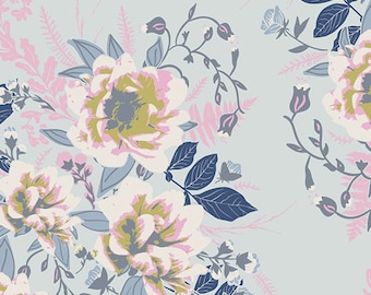 Wild Posy Etérea en punto, 1/2 yd Art Gallery Knit Fabric, Cotton Spandex Knit, AGF Floral Jersey Knit, KF-100,Pastel Blue Pink Floral Knit