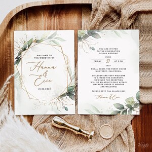 Invitaciones de boda impresas o digitales con tema de eucalipto verde dorado, invitaciones clásicas, invitación moderna de oro verde, suite de invitación