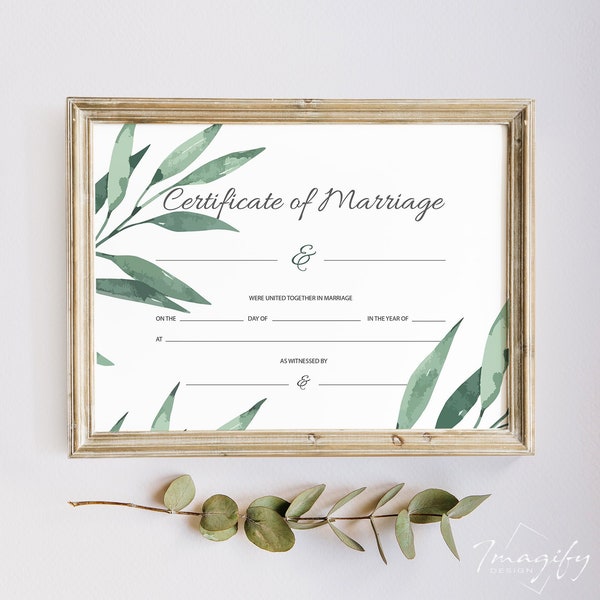 Matrimonio Boda Certificado IMPRIMIBLE Plantilla Santo Matrimonio Verano Otoño Océano Clásico Vintage Hoja Tropical Testigo Cuáquero Botánico