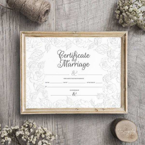 Marriage Wedding Certificate PRINTABLE Template License Document Silver Romantic Glamour Classic Vintage Gothic Roses Flowers Leaf Light Set