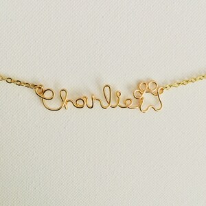 Wire Name and Paw Print Necklace | Custom Personalized | 14k Gold Fill or .925 Sterling Silver |