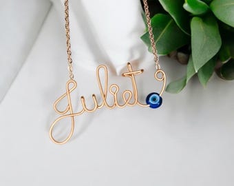 Personalized Evil Eye Wire Name Necklace | Evil Eye Necklace | Custom Name Neckalce | Personalized Evil Eye