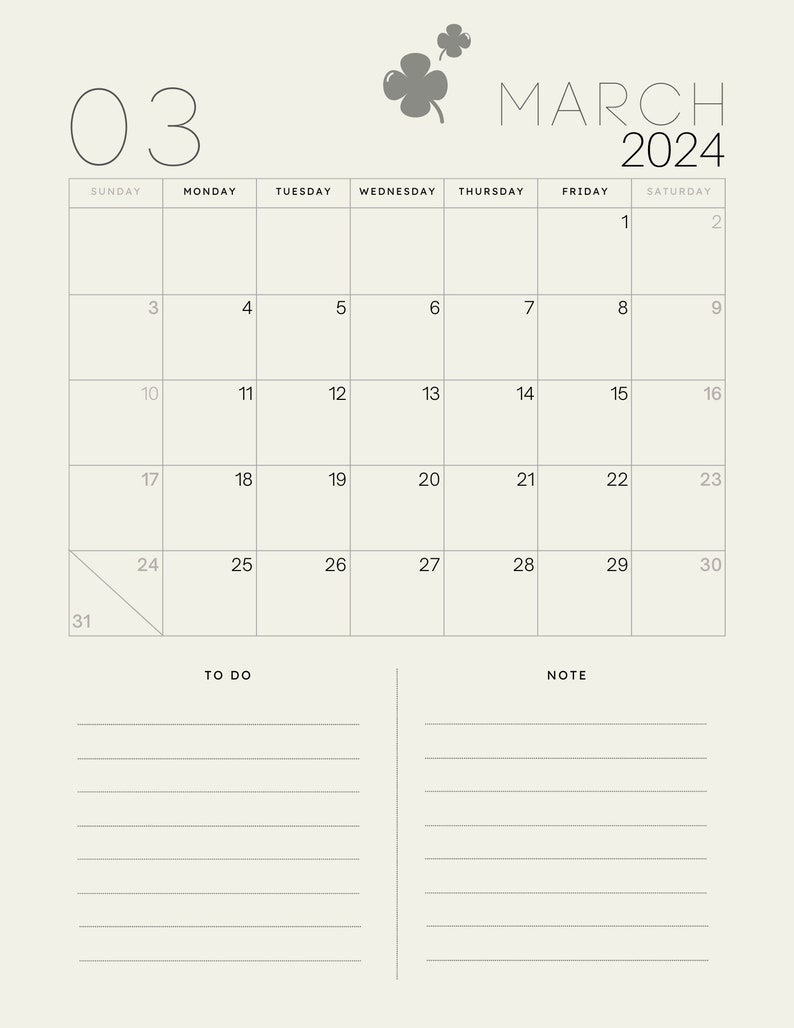 2024 12 Month Calendar DIGITAL DOWNLOAD and PRINTABLE Goal and Action