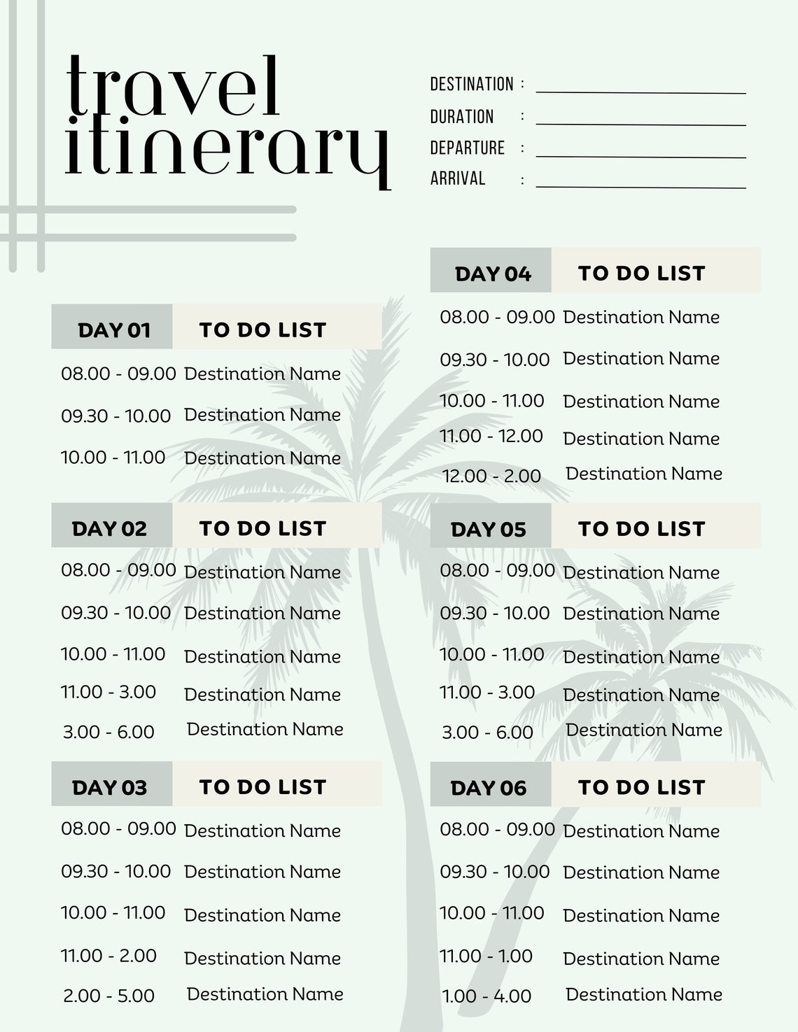 Travel Itinerary Template Daily Planner Summer Vacation Holiday