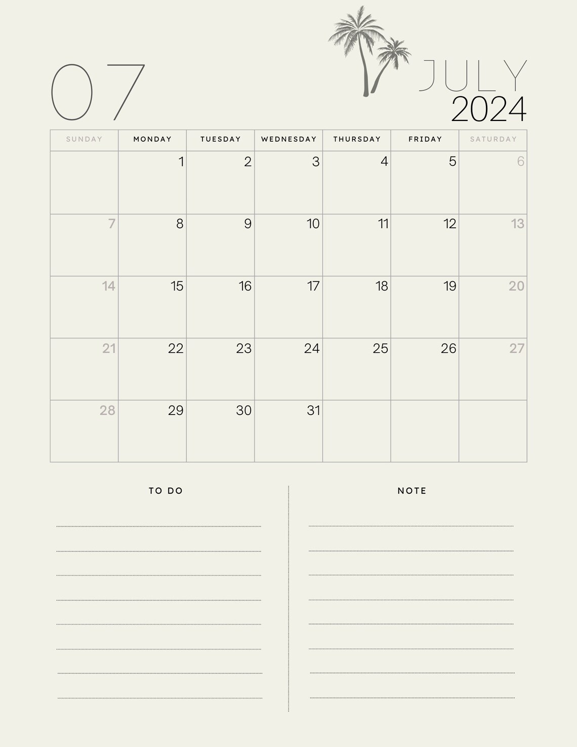 2024 12 month calendar digital download and printable goal and action