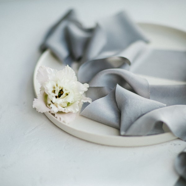 Pearl Grey silk ribbon, hand dyed silk, plant dyed silk ribbons, flowers, habotai, bias cut