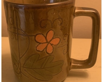 Vintage 1970s Stoneware Coffee Mug Avocado Green Tundra Korea Scrolls Cross