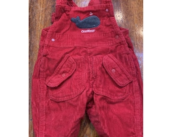 OshKosh Vintage Deadstock Red Whale Corduroy Cargo Overalls 0/3 Mo