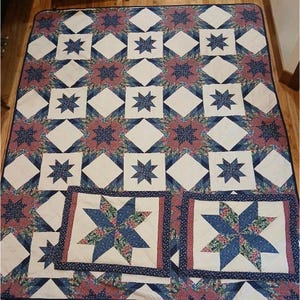 Vintage Large Quilt Farmhouse Star Patchwork Quilt Bedspread 2 Pillow Shams